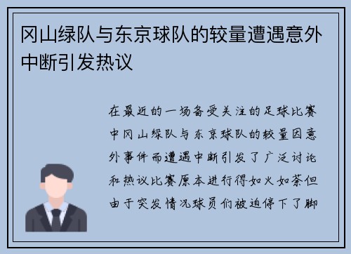 冈山绿队与东京球队的较量遭遇意外中断引发热议